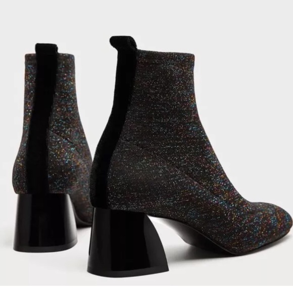 black patent glitter chunky ankle boots